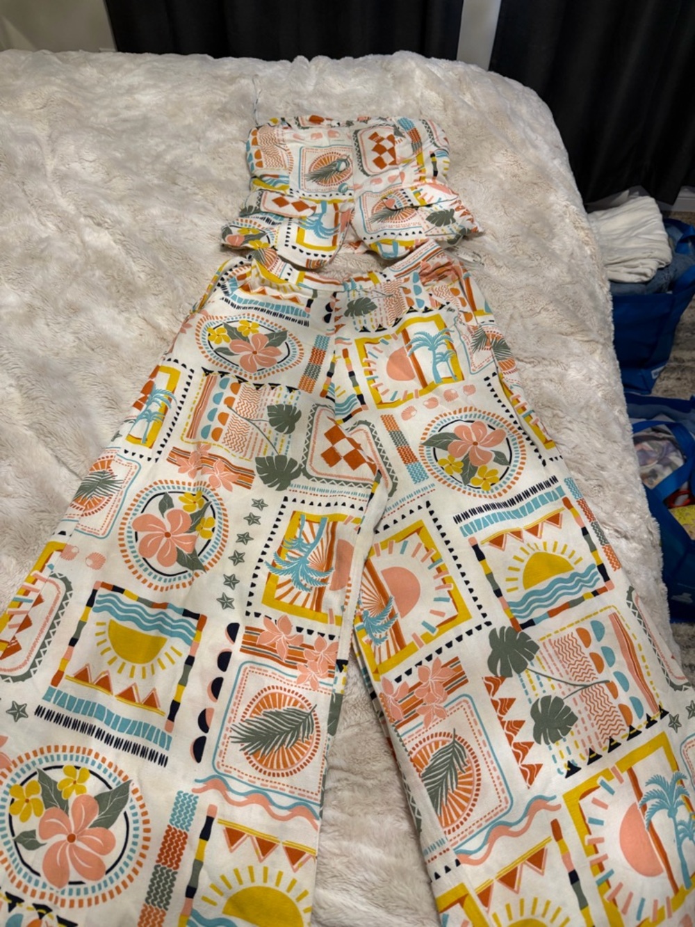 Printed Wide-Leg Jumpsuit Pantsuit in Cream with Tropical Motif